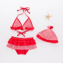 Купальник для девочек из 3 предметов, купальник в красную полоску с юбкой, детский купальный костюм, купальный костюм, набор бикини для девочек, для детей