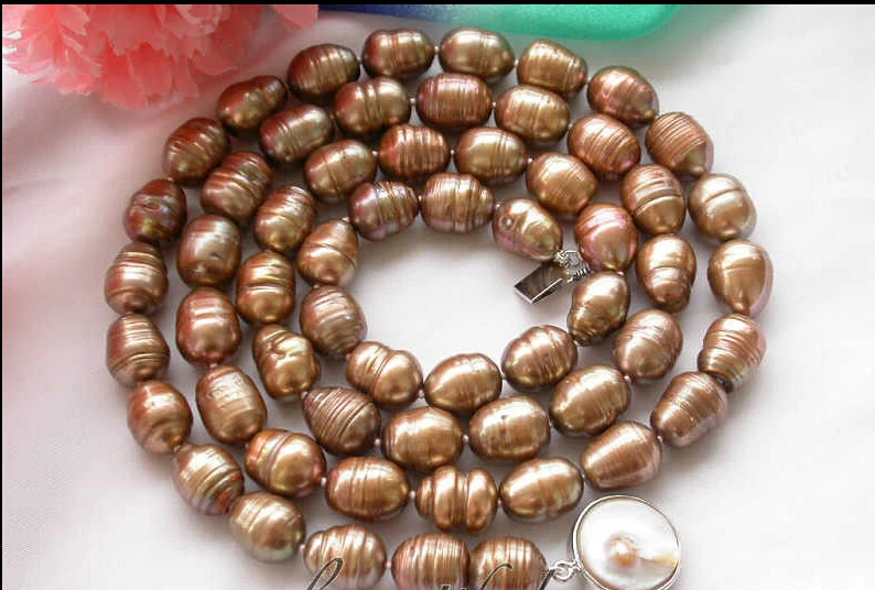 

>@@@@@ Az4435 beatufiul 32" 14mm coffee rice lines freshwater pearl necklace a -Top quality free shipping