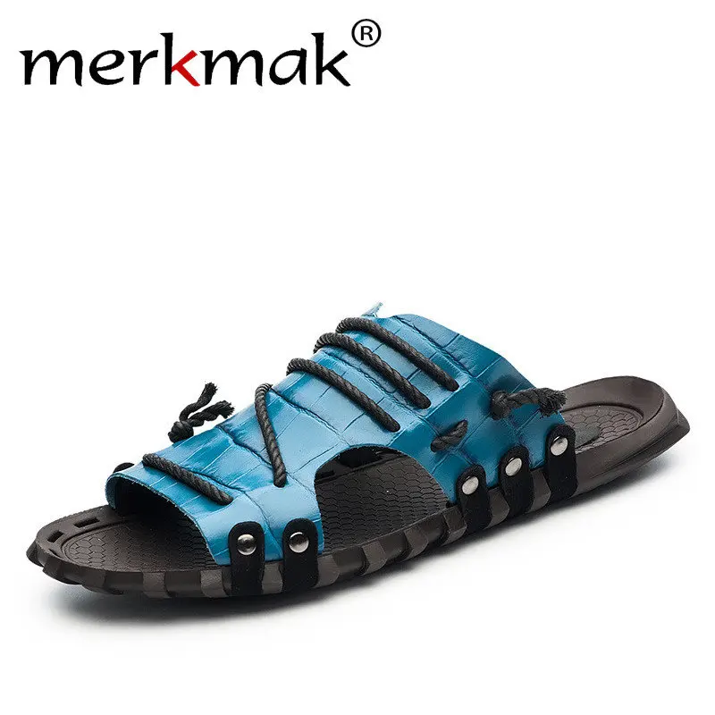 Merkmak 2017 New Arrival Men Summer Slippers Genuine Leather Beach Holiday Shoes Flat Slipper for Men