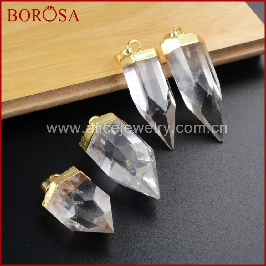 

BOROSA High Quality Gold Color Natural White Quartz Faceted Point Pendant Bead for Necklace Making Drusy Jewelry G1009