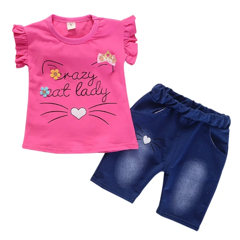 طفل الفتيات ملابس الصيف قصيرة الأكمام الكرتون إلكتروني تي شيرت مطبوع قمم + الدنيم السراويل الدعاوى الفتيات مجموعة ملابس عارضة