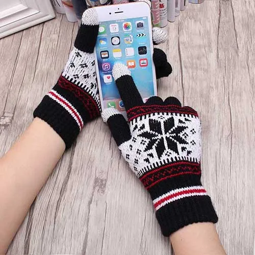 Теплые женские зимние перчатки шерстяные перчатки с вязанными запястьями женские и мужские снежинки узор полный палец перчатки унисекс варежки - Цвет: Black and red