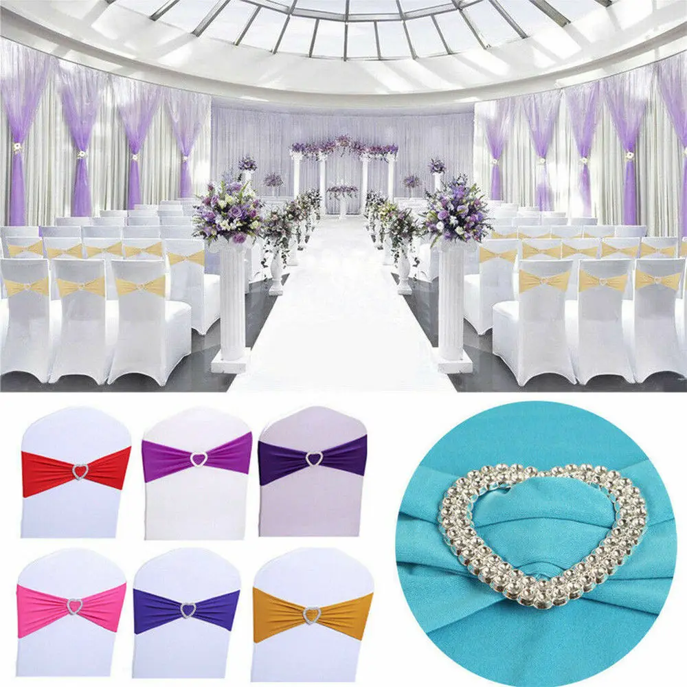 

50Pcs/set Sash Bow Knot Wedding Buckle Slider Sashes Elegant Polyester Spandex Stretch Chair Cover 15x35cm with Stretch