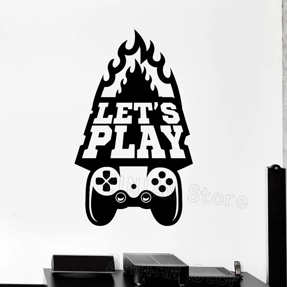 Gaming Wall Art Decals Boys Bedroom Decor Let's Play Quote Video Game