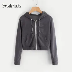 SweatyRocks карман спереди Хизер вязать Crop Hoodie серый для женщин с длинным рукавом на молнии спортивный Свитшот дамы повседневное Толстовка