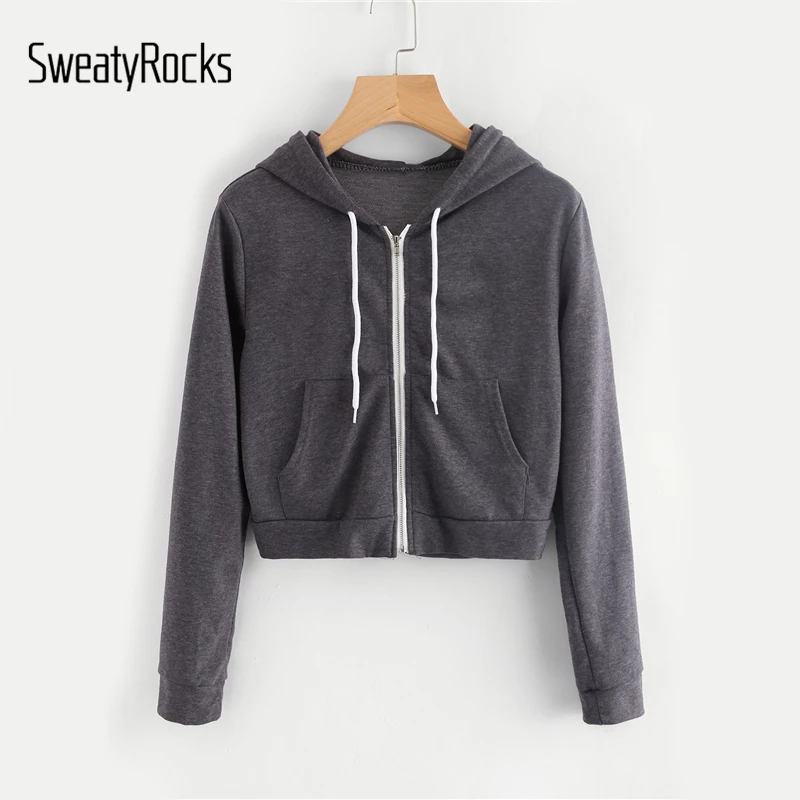 

SweatyRocks Pocket Front Heather Knit Crop Hoodie Grey Women Long Sleeve Zip Up Sporting Sweatshirt Ladies Casual Sweatshirt