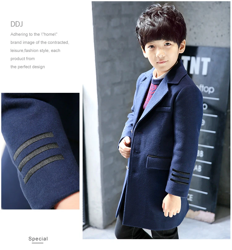 Шерстяное зимнее пальто для мальчиков в Корейском стиле; детская плотная верхняя одежда в английском стиле; модные длинные шерстяные куртки для детей; Детские теплые пальто; 001