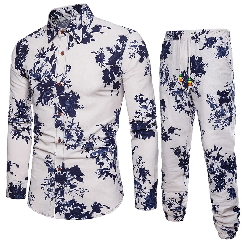 

Drop Shipping Men's Floral 2pcs Sets Flower Long Sleeve Shirts Linen Vintage Pants Breathable Beach Bohemia Plus Size 5XL