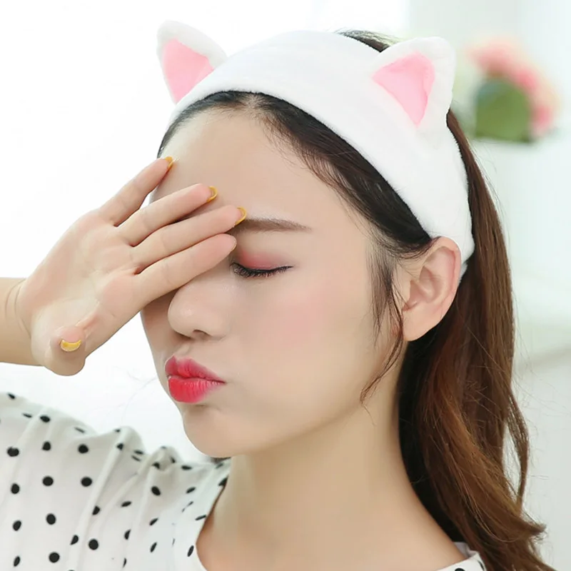Женская эластичная бархатная повязка на голову милые кошки Ушная повязка для волос Макияж Косметический инструмент YS-BUY - Цвет: Белый