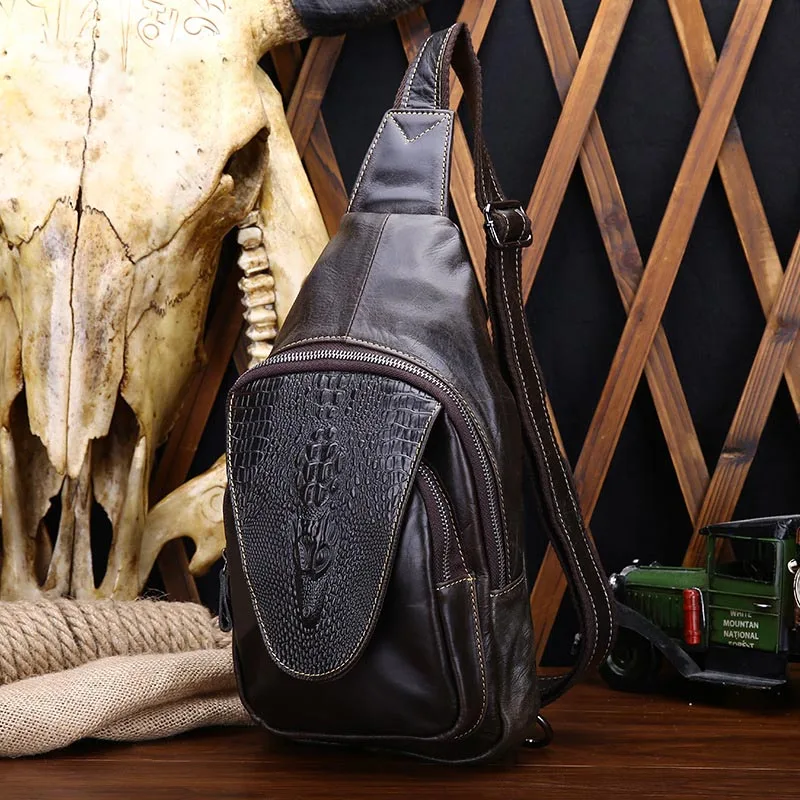 

2017 Cow Genuine Leather Men Sling Bag Single Shoulder Bag Men Alligator Chest Crossbody Bag Waist Pack for Boy Travel Chest Bag