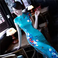 Новый Винтаж элегантный для женщин с цветочным принтом длинное Ципао атлас Плюс размеры 3XL 4XL 5XL китайское платье пикантные женские высокие