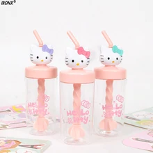 IRONX Creativo KT Gato Revolviendo Paja botellas de agua botellas de Dibujos Animados HelloKitty Estudiante Lindo botellas de agua de Plástico 5C