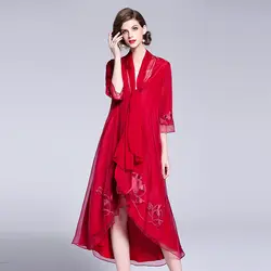 Вышивка красный кардиган платье Для женщин 2018 осень элегантный краткое три четверти рукав Повседневное Длинные платья Женская мода