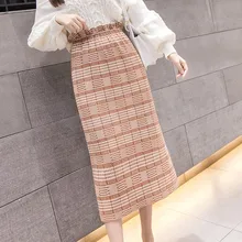 Для женщин юбки Новинка весны в Корейском стиле с оборками Высокая Талия клетчатая юбка Винтаж вязаный, шерстяной юбки Зимние черные сапоги с рисунком «гусиные лапки» длинная юбка