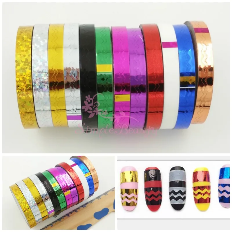 

12 Rolls/lot Colorful Metallic Foil Self Adhesive Line Wave Striping Style Tapes Stickers Nail Art Manicure Decals Design Decor