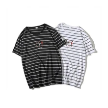 Figure Embroidery Striped Mens T-shirt Short Sleeve 2019 Summer Hi-street Oversized Hip Hop Tshirt Cotton Tee Shirts 2 Colors new mens colors short sleeve cotton tshirt henry kissinger quote absence