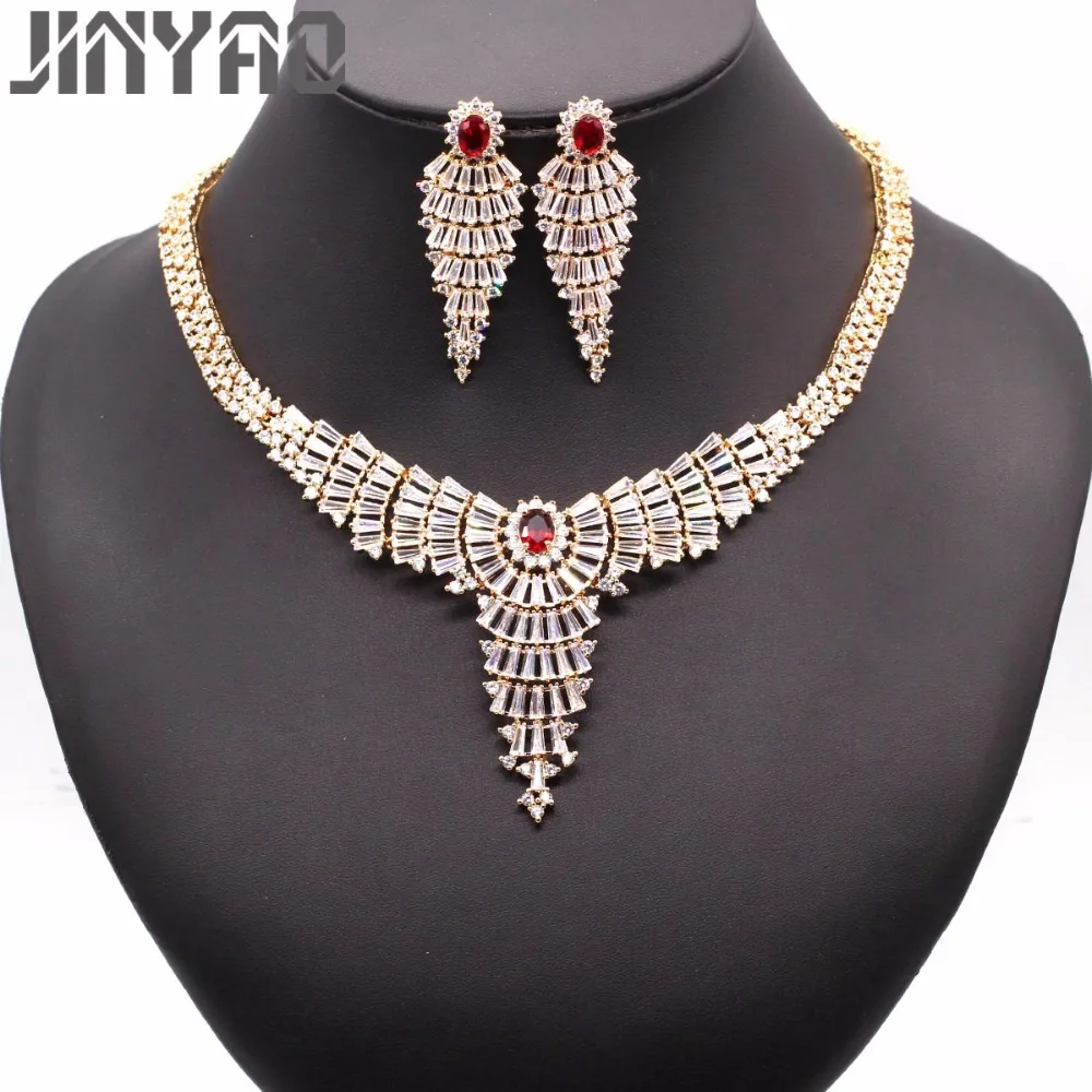 JINYAO Luxury Gold Color Zircon Bridal Jewelry Sets Full Zircon Wedding Necklace Earrings Sets For Women Party Jewelry 8colors JINYAO Luxury Gold Color Zircon Bridal Jewelry Sets Full Zircon Wedding Necklace Earrings Sets For Women Party Jewelry 8colors