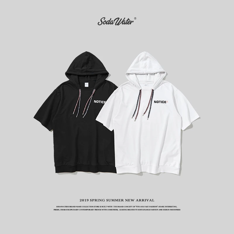 

SODA WATER Men's New Casual Hooded Sweater Large Size Loose Mens Summer T shirt Drawstring Hoody T shirt 91124s