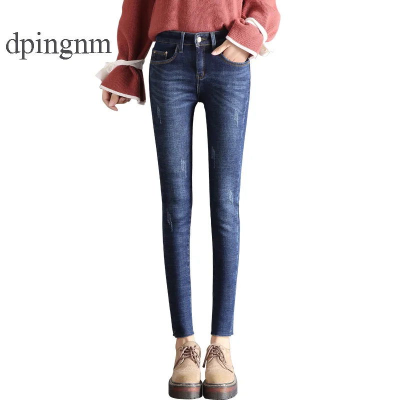 2019 Winter Jeans Women Gold Fleeces Inside Thickening Denim Pants High Waist Warm Trousers Female Snow | Женская одежда