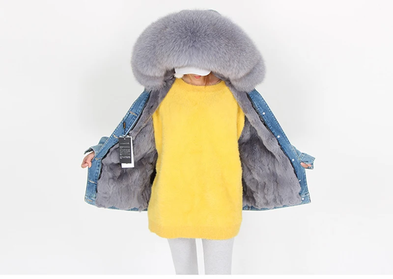 Зимняя куртка для женщин натуральный мех пальто парка енота воротник кролика рекс лайнер бомбер джинсовая Уличная мода