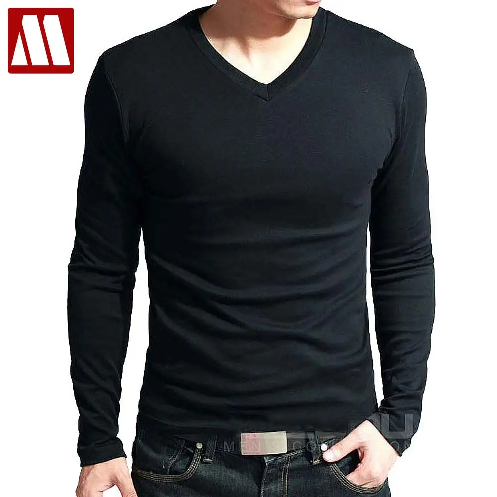 Elastis Katun T-shirt Pria V Neck Ketat 