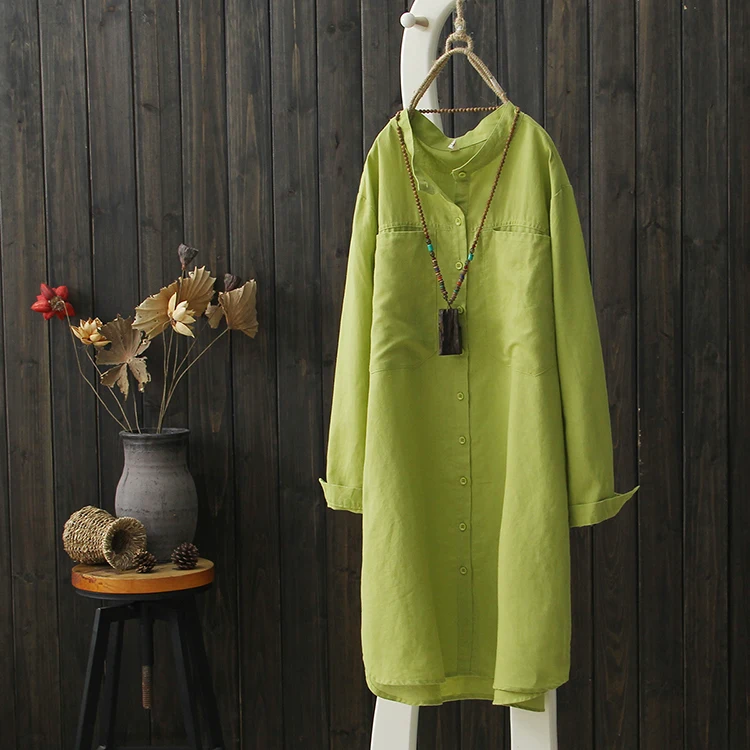 

New Brief Solid Green White Shirt Medium Long Pocket Cardigan Turn Down Collar Leisure Spring Top Femme Loose Women Blouses 2019