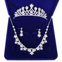 Посеребренные Цветы Кристалл Свадебные Ювелирные наборы корона диадемы эффектное ожерелье серьги Свадебные аксессуары вечерние ювелирные изделия