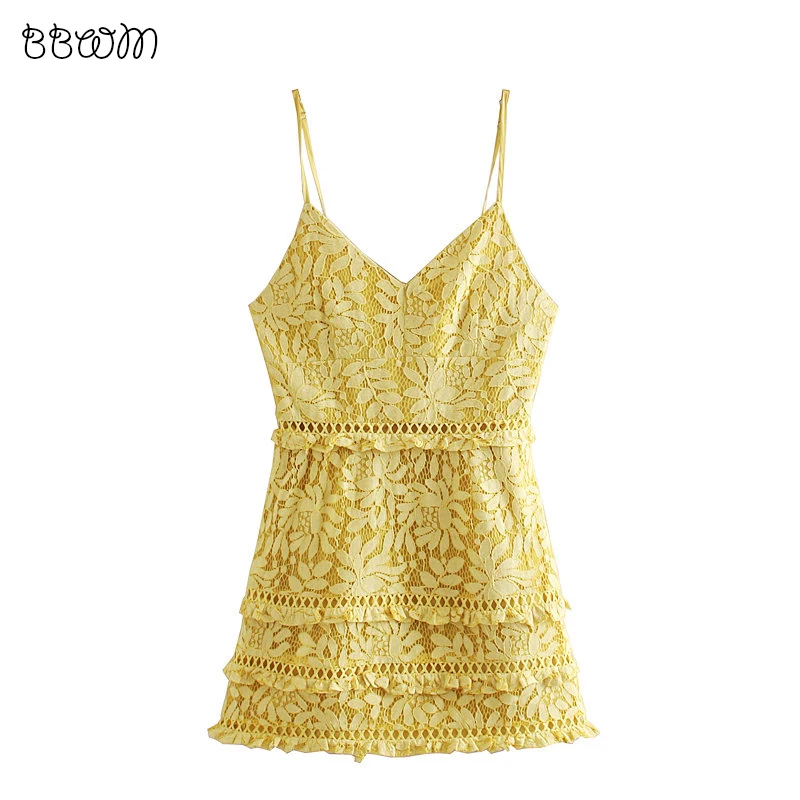 

Chic Yellow Embroidery Ruffles Mini Dress Sexy Women Adjustable Strap Backless Dresses Casual Ladies Vestidos