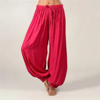 

New Womens Empire Solid Pleated Fashion Pants Cotton Full Length Summer Loose Ladies High Waist Casual Trousers Drawstring