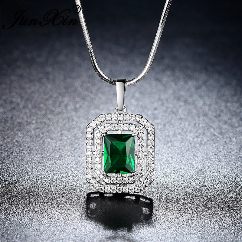 JUNXIN модный большой камень, квадратная подвеска, 925 серебряное наполнение, инкрустация австрийским кристаллом, зеленый циркон, ожерелья для женщин, корейские ювелирные изделия