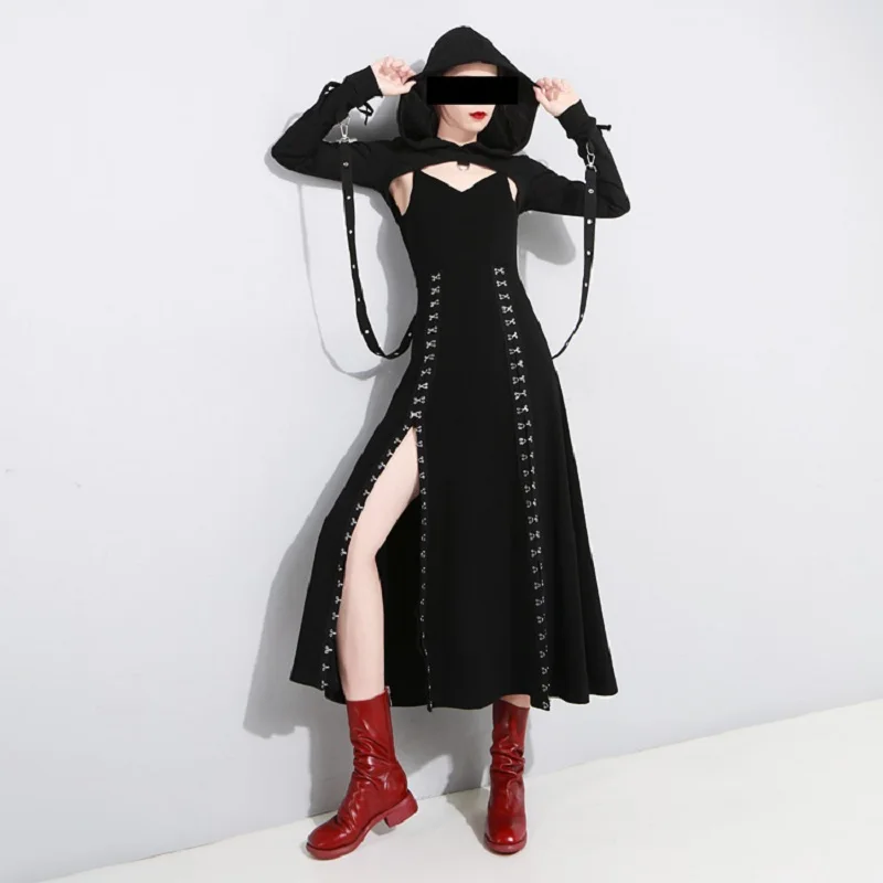 Женское черное сексуальное платье с глубоким v-образным вырезом в стиле панк, готика, вечерние платья, Клубная одежда, темное элегантное платье с металлической пряжкой и высокой талией