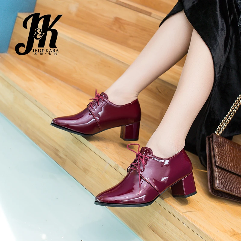 

JK Patent Leather Thick Med Heels Pumps Women Square Toe Lace-Up Footwear Casual Shoes Female Shoes Woman 2019 Big Size 48