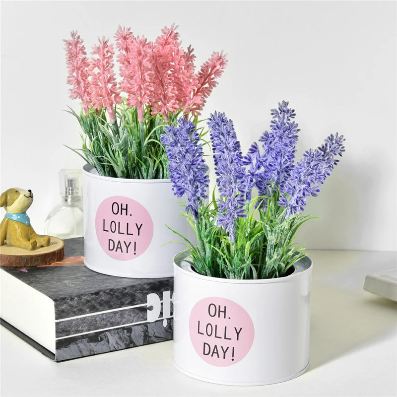 

Artificial Lavender Flowers + Iron Vase Simulation Plants Mini Bonsai Set for Wedding Party Home Garden Decoration Fake flowers