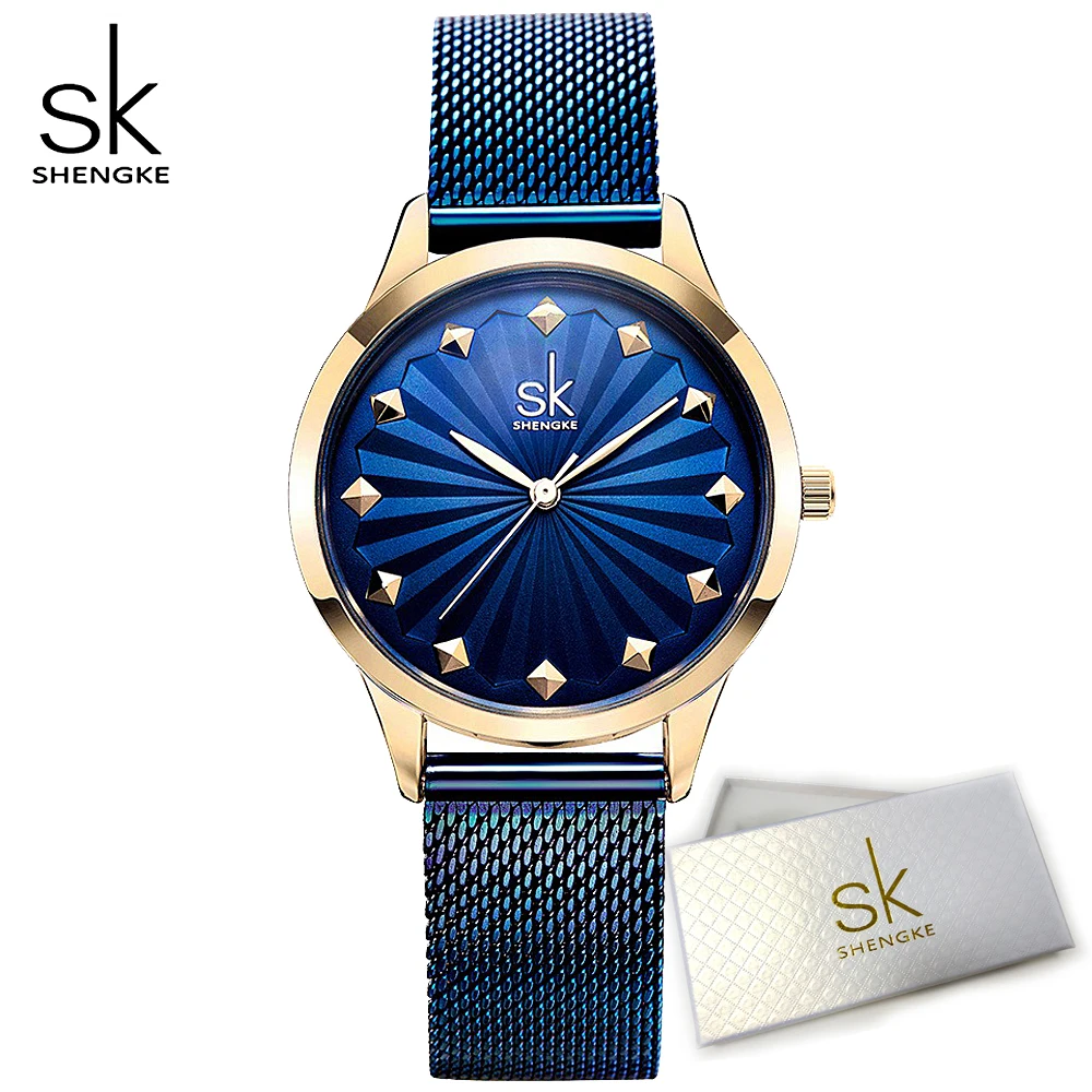 

Shengke Women Watches Luxury Blue Mesh belt Ladies Quartz Wristwatches Fashion Female Clock Relogio Feminino Montre Femme