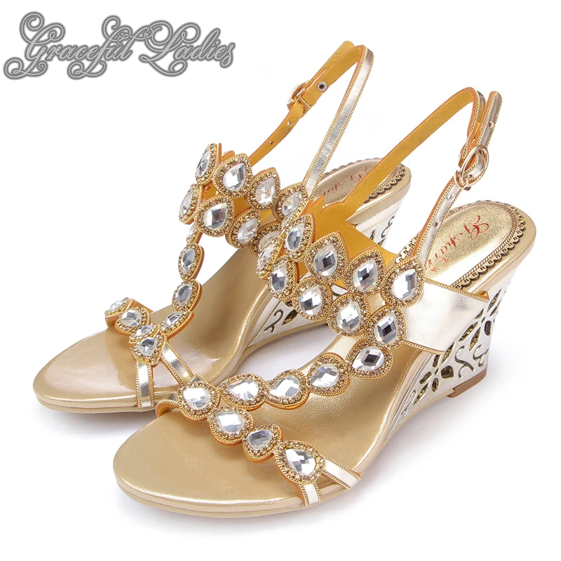 Rhinestones Wedge Heel Cut Out Women Sandals With Crystals Summer Designer Sandals 2016 Women