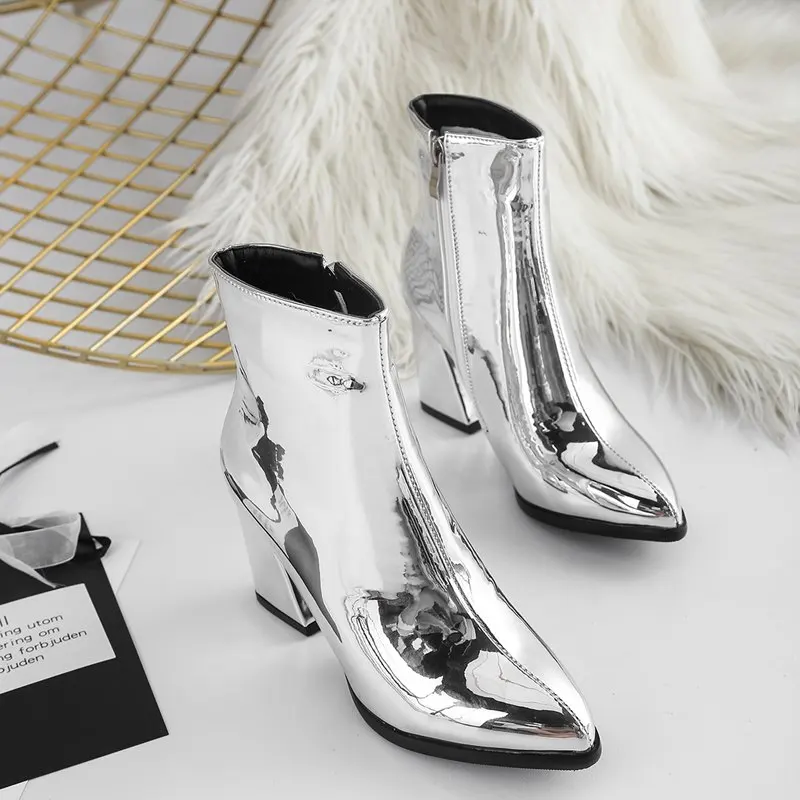 EGONERY/модные женские ботильоны; офисные осенне-зимние туфли на высоком каблуке 8 см с острым носком; Цвет фиолетовый, серебристый, золотой, черный; ботинки «Челси» - Цвет: short plush silver