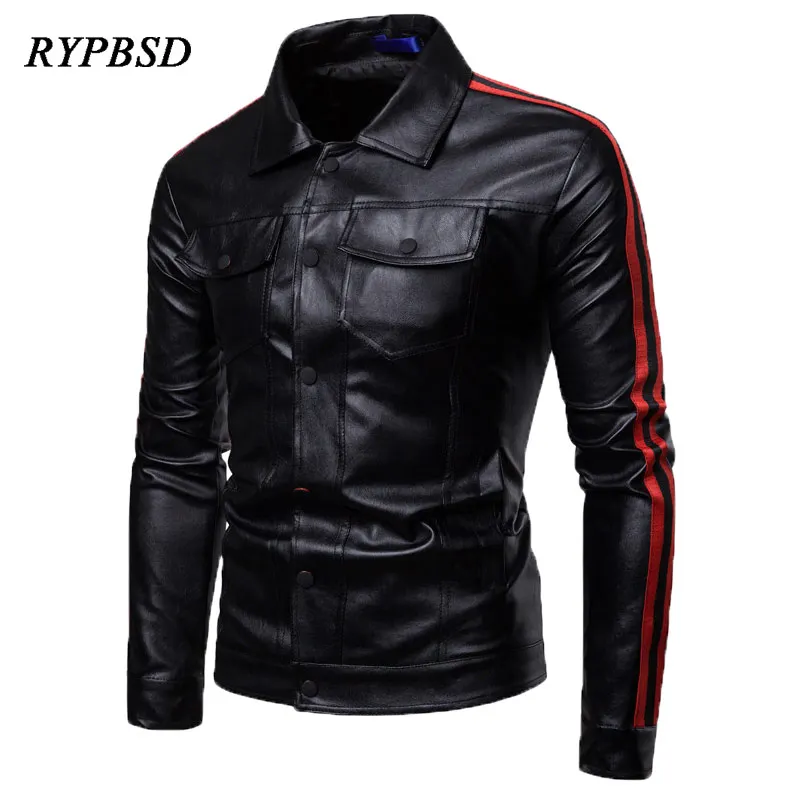 

2019 Autumn Winter New Single-breasted Fashion Biker Leather Jacket Men Slim Fit PU Faux Leather Striped Outerwear Jacket M-3XL