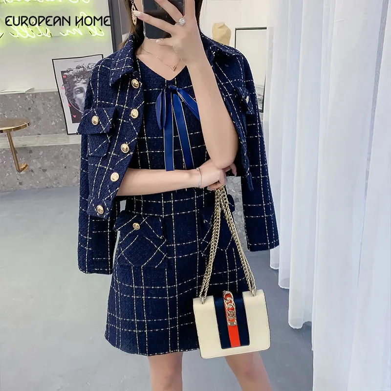 

European Home 2019 New Autumn Tweed 2 Piece Set Women Clothes Wool Blend Jacket Coat+ High Waist Mini Dress Women Suit 1001