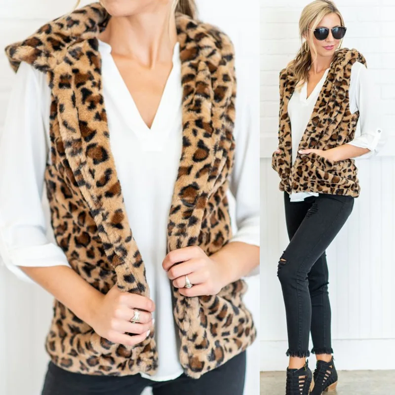 1 Pcs Women Lady Vest Leopard Print Sleeveless Warm Plush Fleece Thich For Autumn Winter FS99in