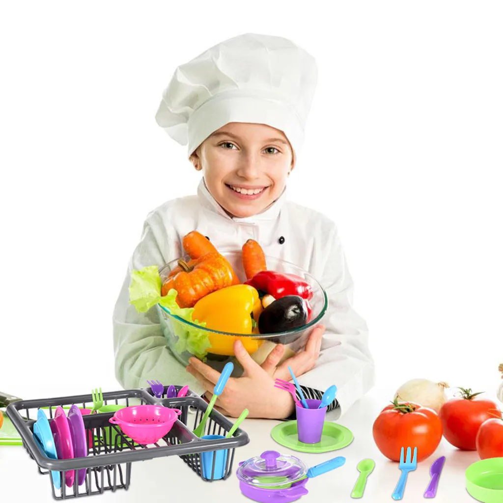 ألعاب أطفال لفتاة البلاستيك المطبخ مجموعة ألعاب مسرحية أطباق المطبخ Playset غسل و الجافة أدوات المائدة طبق رف لعبة L0613