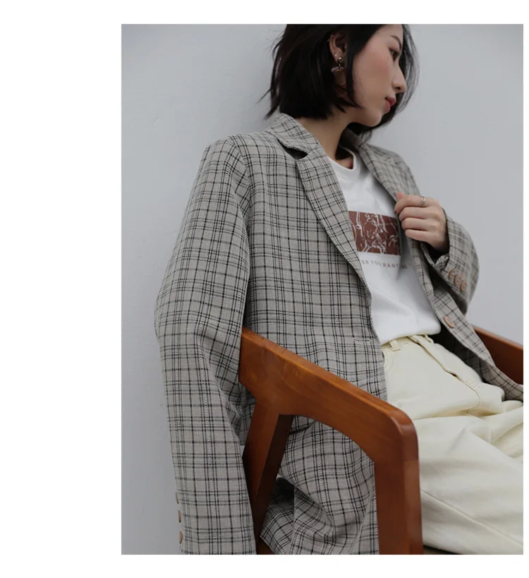 Весна 2019 Новый стиль простой Клетчатый Костюм Корея свободный костюм куртка женщина полная однобортная с английским воротником карманов
