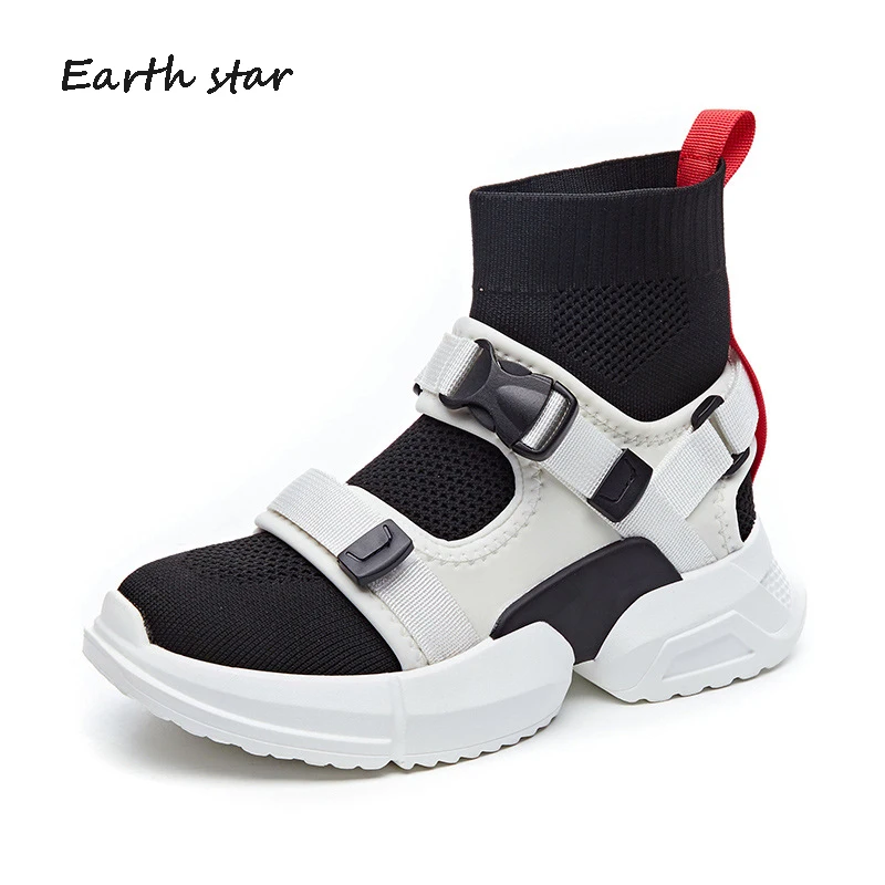

Casual Sock Shoes Women Platform Sneakers High Top Brand Buckle zapatos de mujer Ladies White Chunky footware Black Breathable