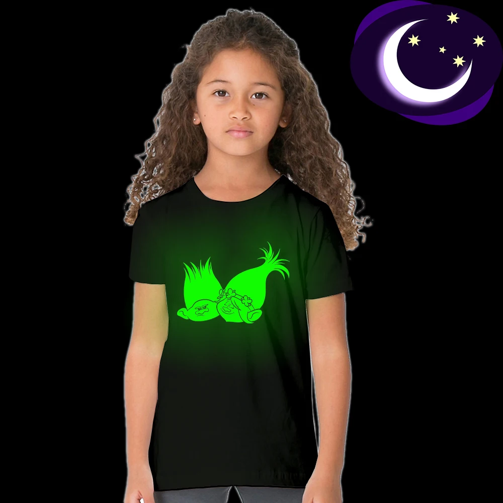 

Luminous Glow In Dark Trolls Girl T-shirt for 3-10yrs Toddler Girl Boys Trolls T Shirt Cartoon Kid Black T-shirt Summer Clothes