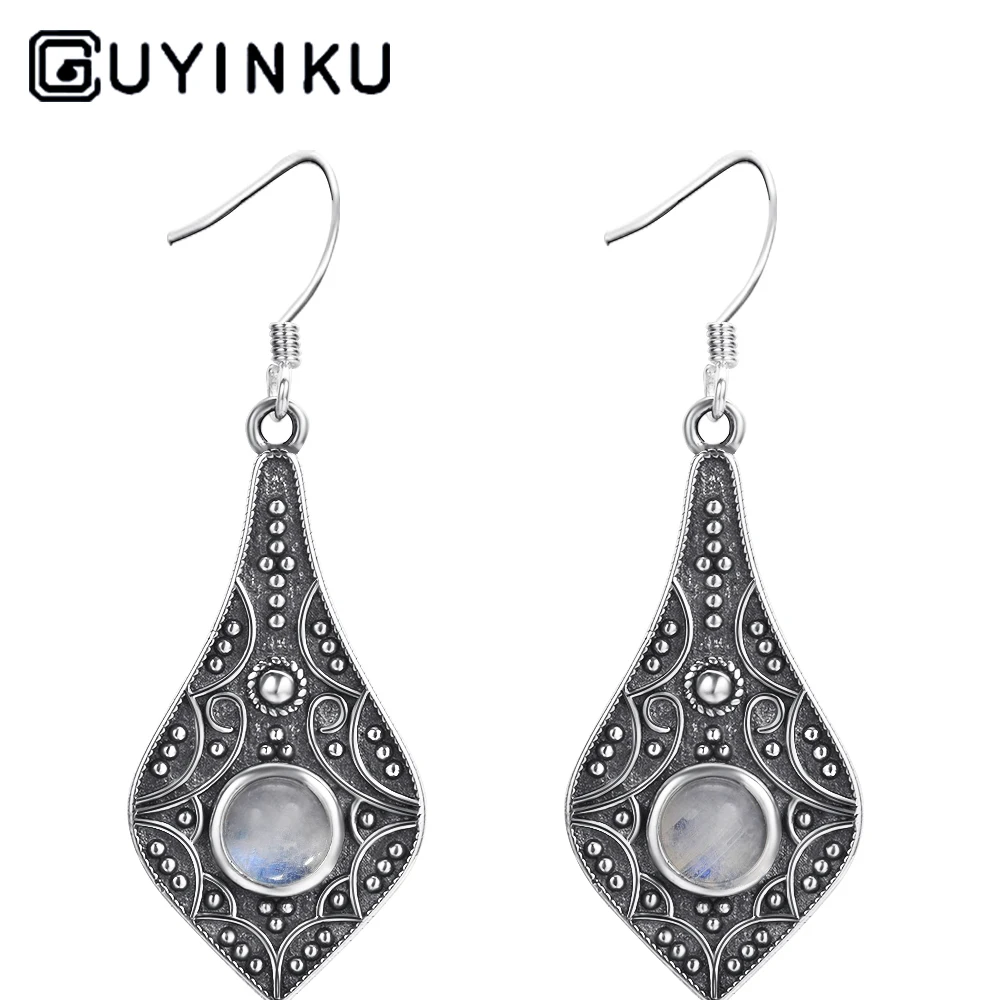 

GUYINKU Jewelry 925 Sterling Silver Pendant Earrings Round Natural Moonstone Bohemian Style Earrings Women's Wedding Products