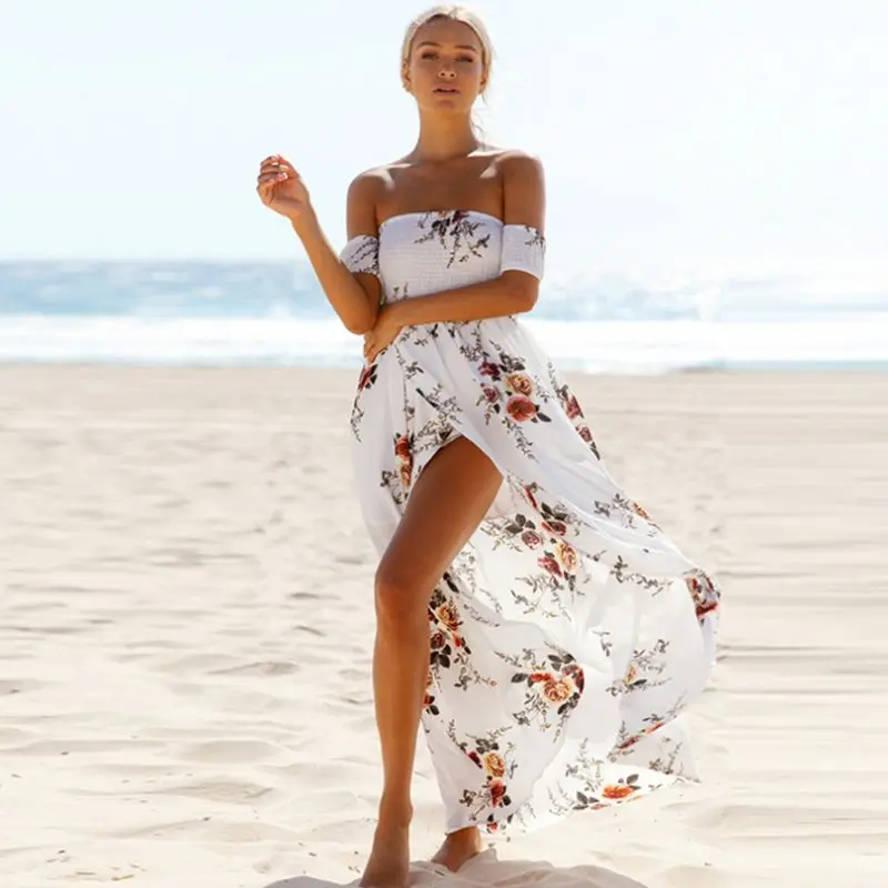 Boho Стиль длинное платье Для женщин с открытыми плечами пляжные летние платья