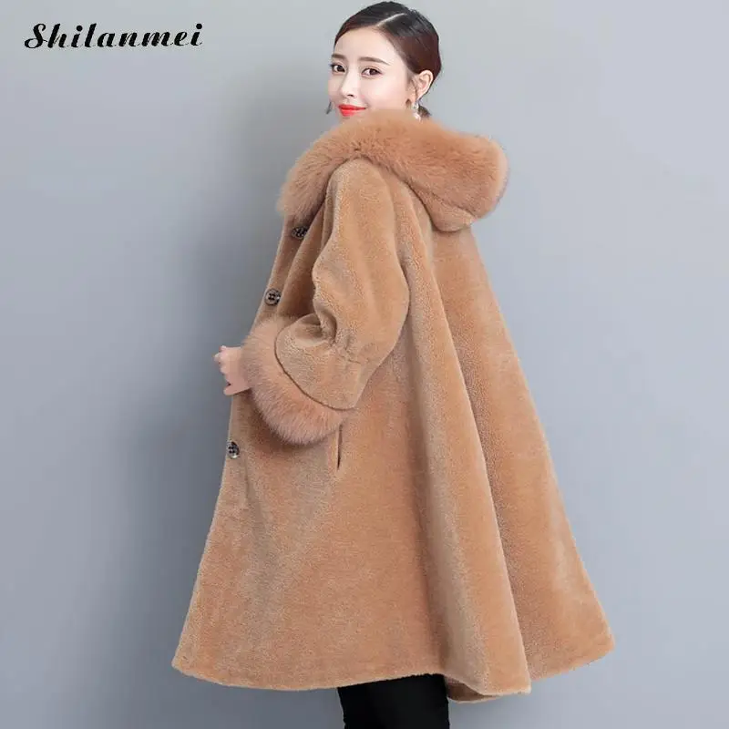 Taille Milieu Épaissir À Col Élégante Hiver aqua Manches 3xl off Coffee Capuchon La Pardessus Green blue 2018 long Manteau Chaud Manteaux gray De Fourrure Casual Color Plus White Femme Longues dBWCoxer