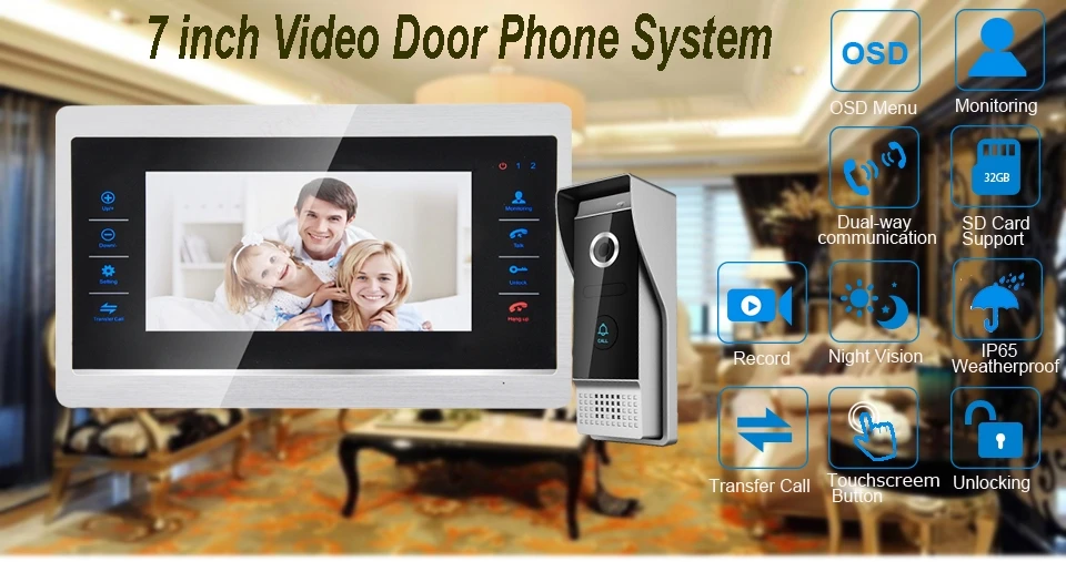 7 дюймов TFT HD 1200TVL видео телефон двери с системы безопасности домофон с видео связью videoportero водостойкий 1V1