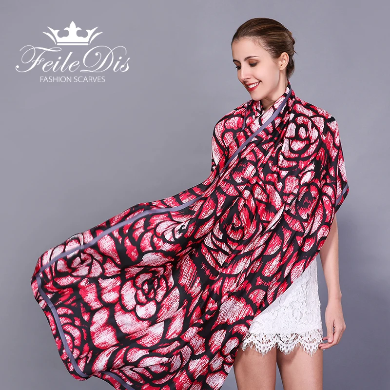 [FEILEDIS]2017 spring and summer Europe the United States satin scarf flowers art shawl sunscreen beach scarves FD084 |