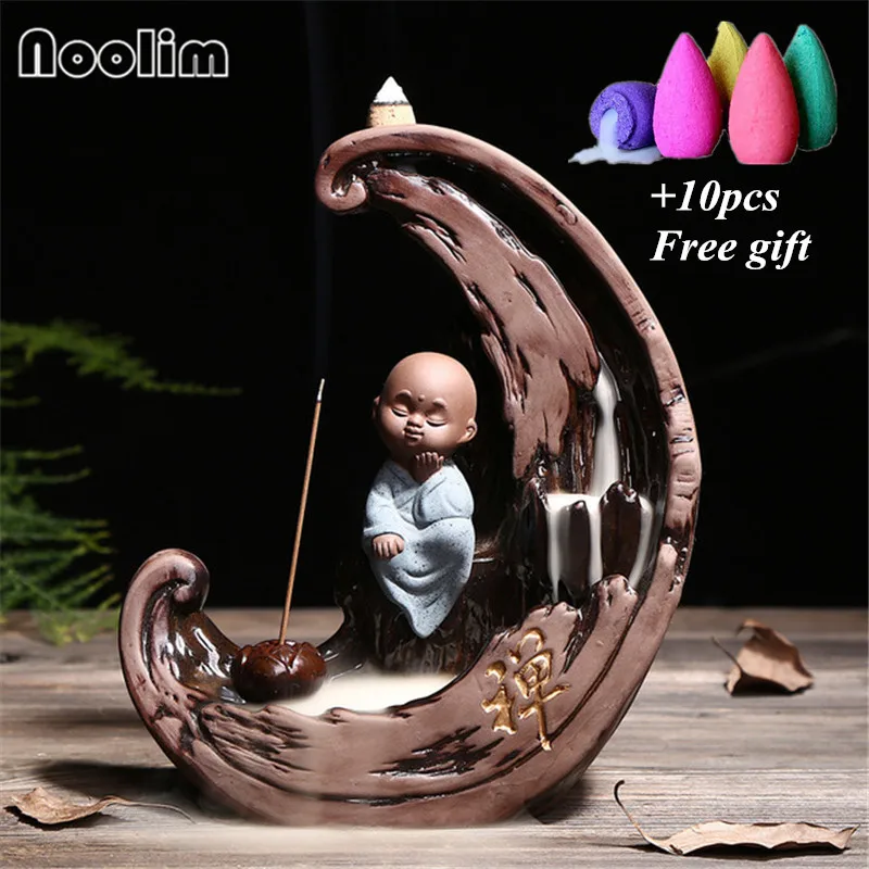 

Creative Zen Ceramic Backflow Incense Burner Monk Waterfall Incense Holder Home Decor Armor Censer +10pcs Free Cones