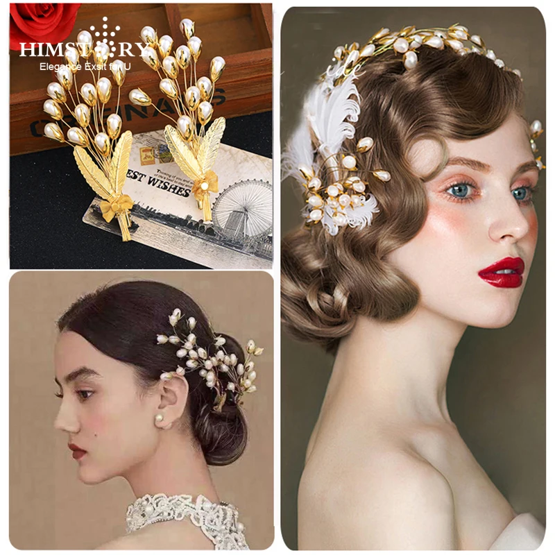 

Himstory Handmade Vintage Gold Leaf Flower Branch Hairpins Wedding Pearl Hair Pins Bridal Large Pearl Hairwear Hair Accessories